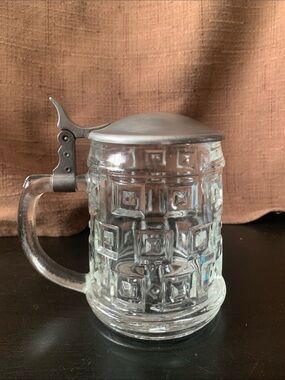 Vintage Clear Glass Beer Stein with Pewter Lid - Clear
